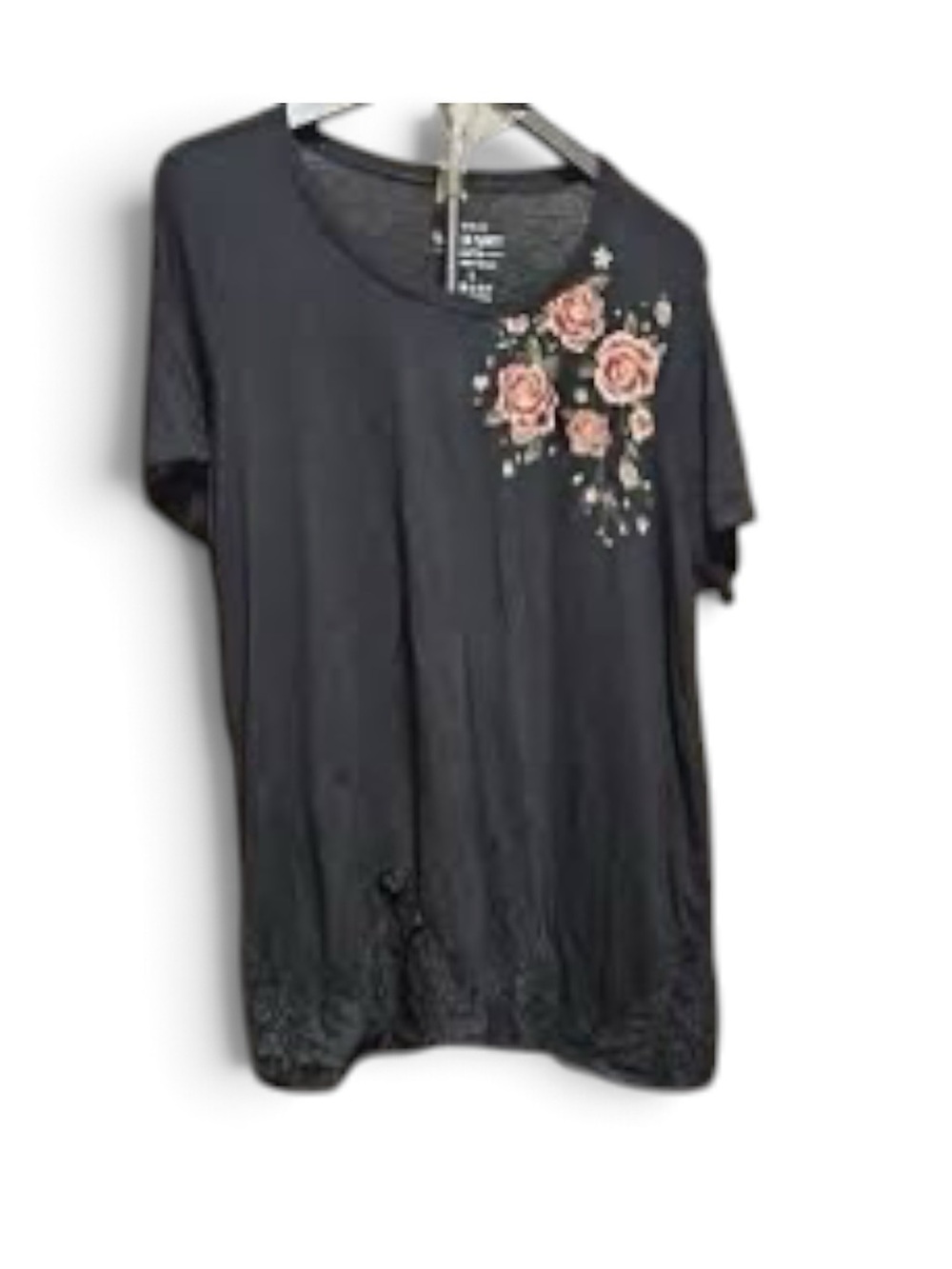 torrid Black Short Sleeve Tee with Pink Rose Embroidery